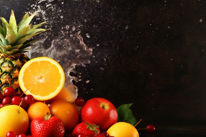 fruit food background ice hookah colour smoke apple orange juice grape. Generative AI.