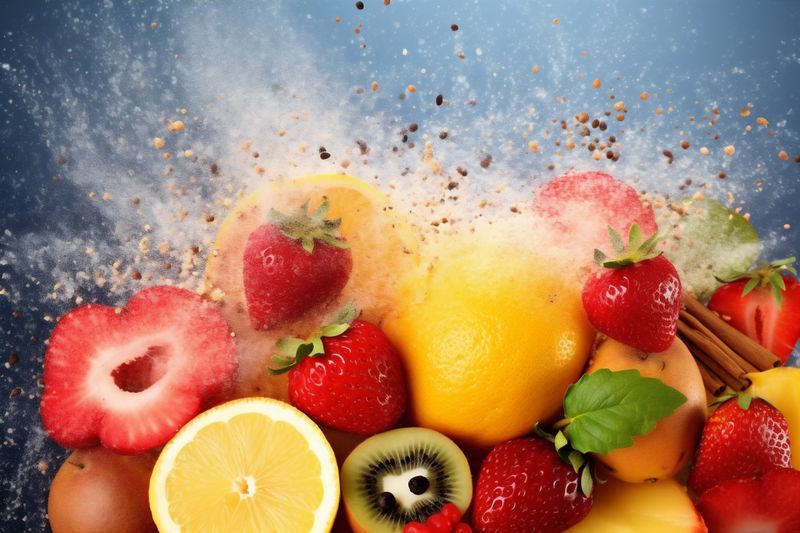 food fruit grape apple strawberry smoke hookah orange background juice ice. Generative AI.