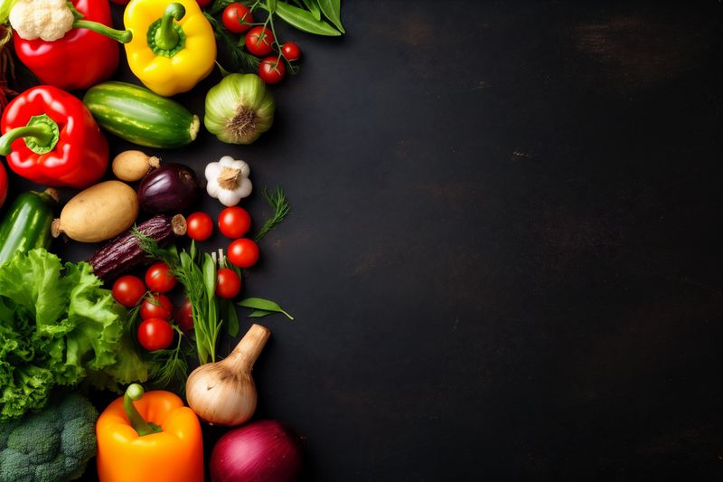 healthy eating vegetarian vegetable ingredient table fresh food dark background cooking. Generative AI.