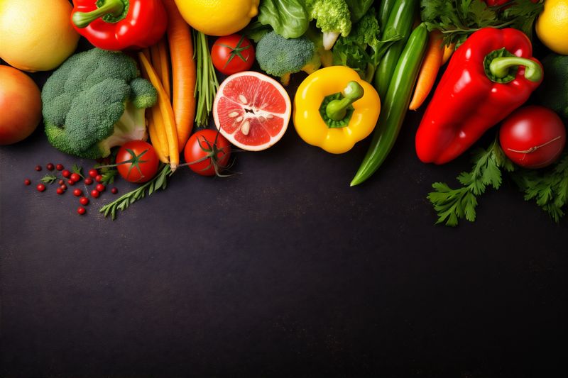 cooking table dark background vegetarian fresh eating vegetable ingredient food healthy. Generative AI.