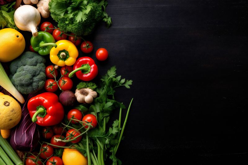 cooking table vegetable healthy vegetarian background dark fresh ingredient food meal. Generative AI.