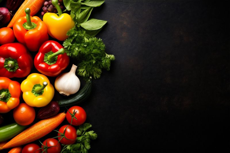 vegan vegetable table healthy food cooking dark fresh ingredient background vegetarian. Generative AI.