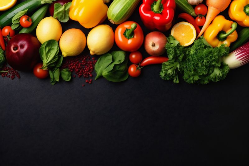 ingredient table fresh healthy vegetable black vegetarian dark cooking food background. Generative AI.