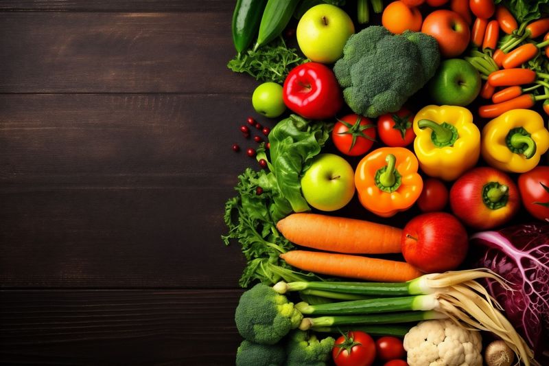 overhead food dark ingredient background table fresh vegetable vegetarian healthy cooking. Generative AI.