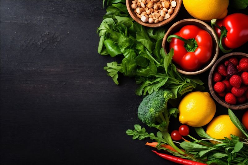 dark vegetarian vegetable eating fresh diet green background food healthy salad. Generative AI.