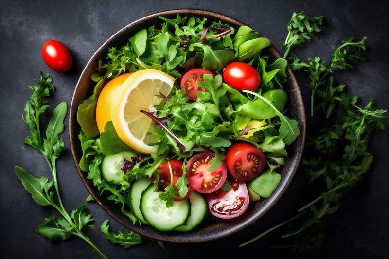 appetizer green food vegetarian dark vegetable fresh diet healthy salad background. Generative AI.