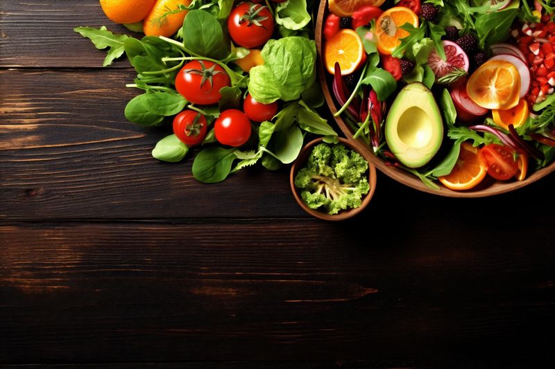 fresh healthy salad green background dark vegetable vegetarian diet table food. Generative AI.