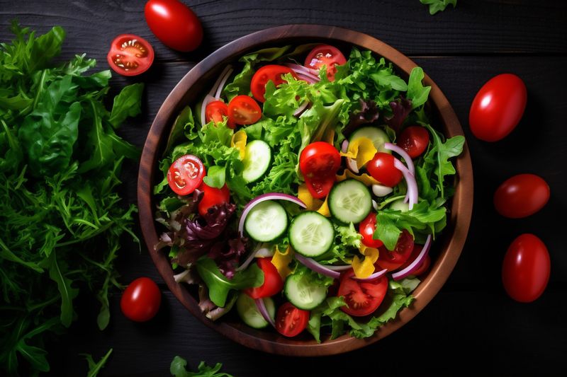 vegetarian green fresh salad dark background food vegetable diet healthy freshness. Generative AI.