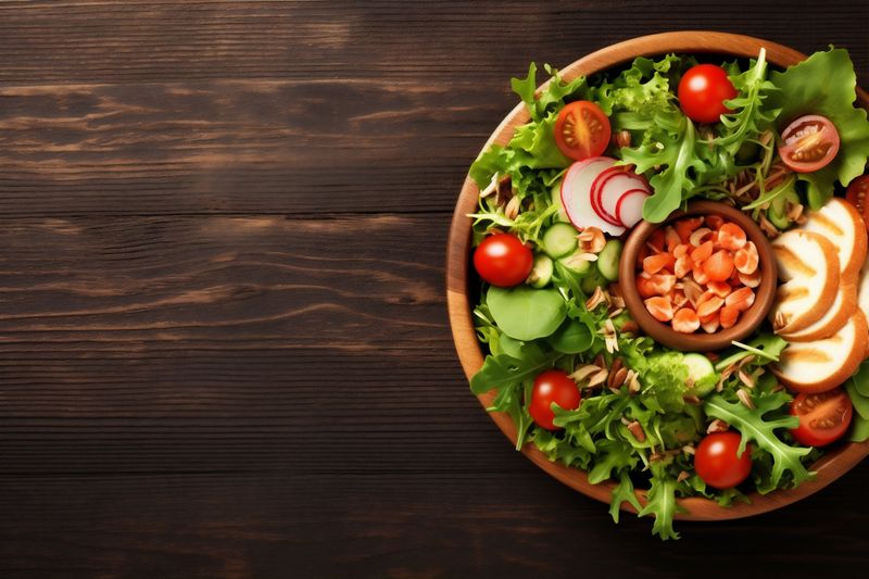 green healthy salad dark diet background black vegetarian fresh food vegetable. Generative AI.