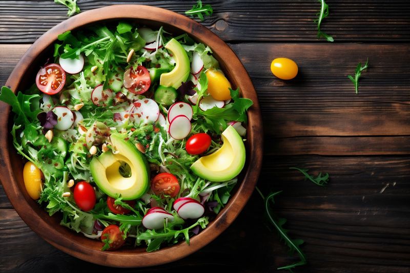 green background healthy salad food dark fresh vegetarian vegan vegetable diet. Generative AI.