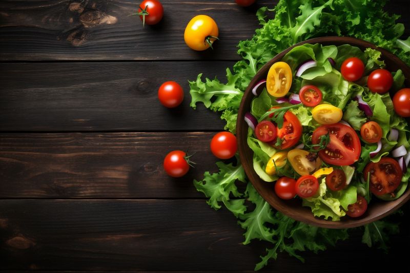 fresh healthy diet vegetable salad vegetarian food rustic green background dark. Generative AI.