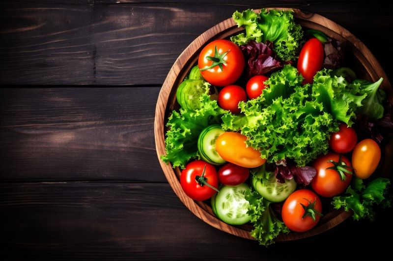 fresh green vegetable vegetarian lunch diet healthy dark background food salad. Generative AI.