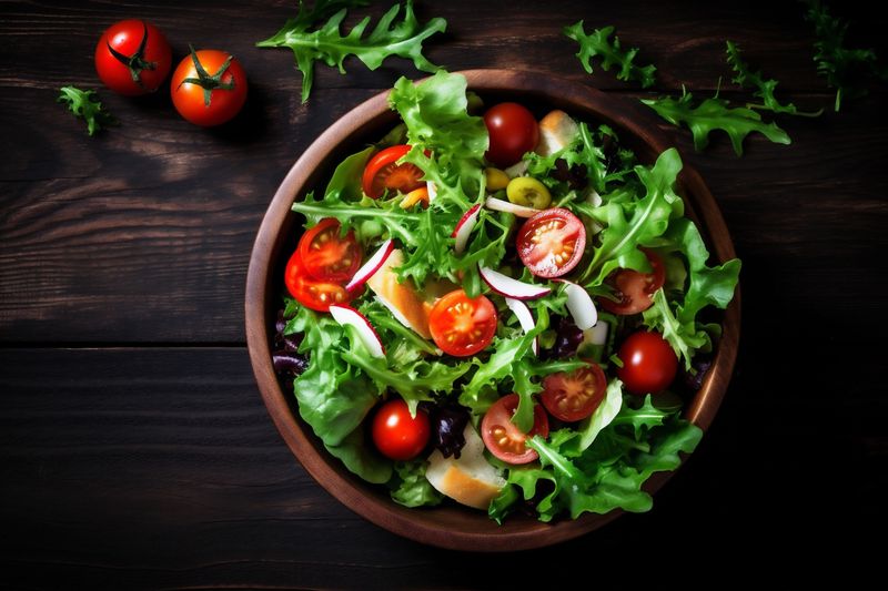 vegetarian dark background fresh salad food healthy vegetable diet red green. Generative AI.