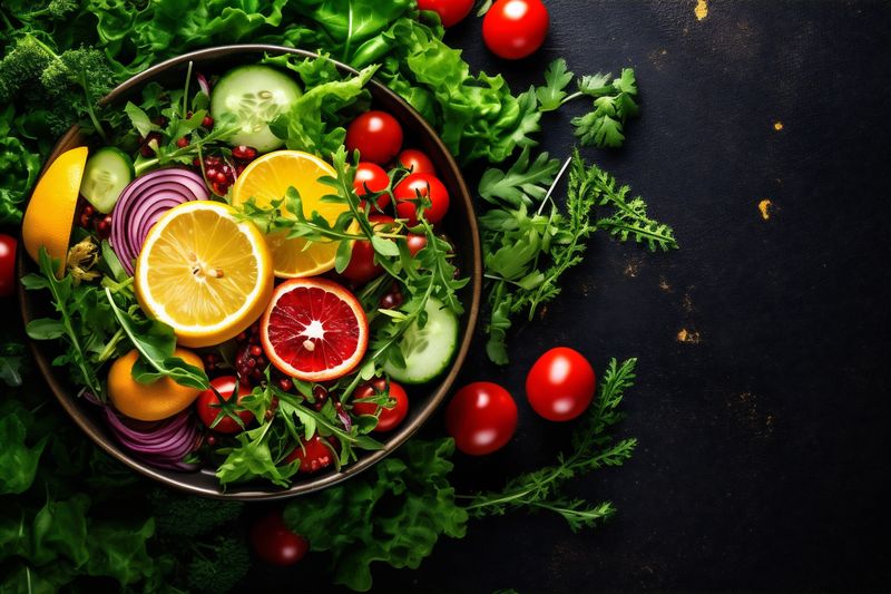 healthy green natural fresh dark background salad food diet vegetable vegetarian. Generative AI.