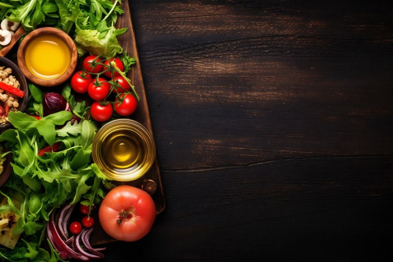 diet vegetarian vegetable healthy food green dark summer background fresh salad. Generative AI.