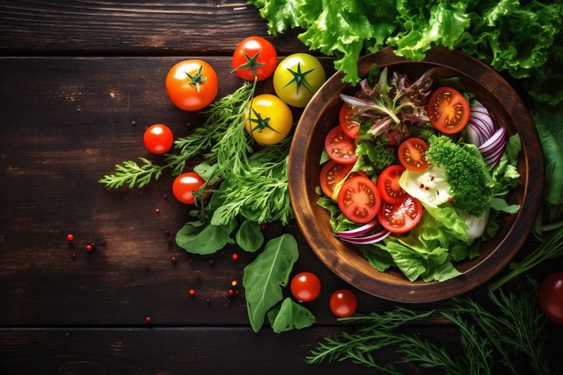 tomato dark healthy fresh diet salad vegetable green background food vegetarian. Generative AI.