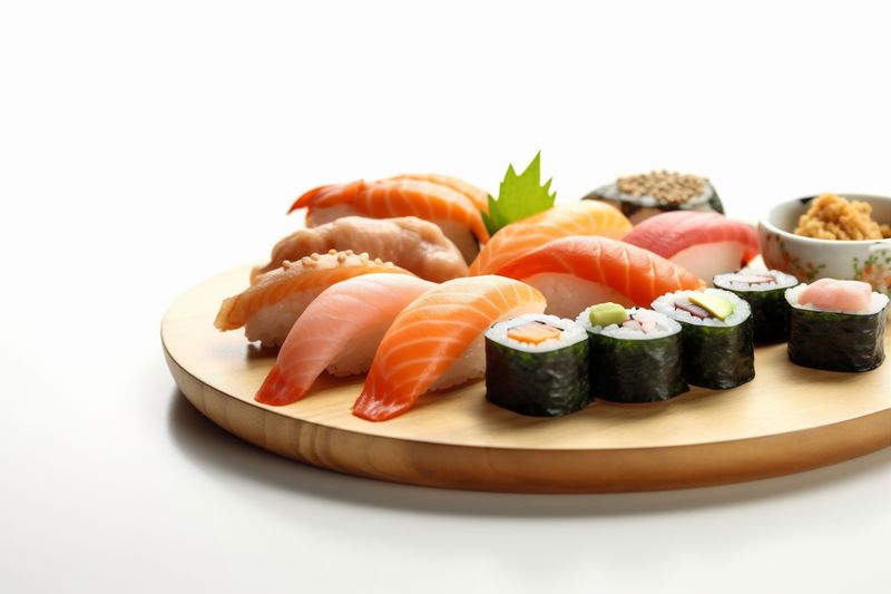 background seafood food fish sushi roll rice white japanese healthy set. Generative AI.