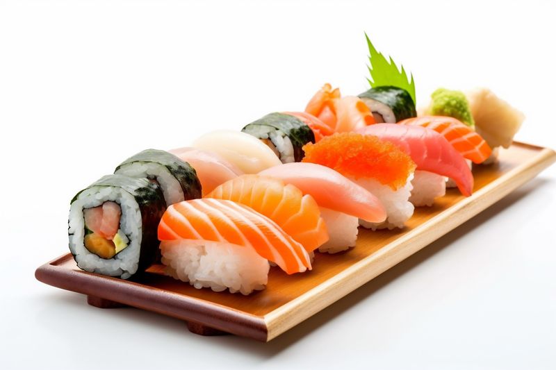 white japanese rice background roll food healthy sushi set seafood fish. Generative AI.