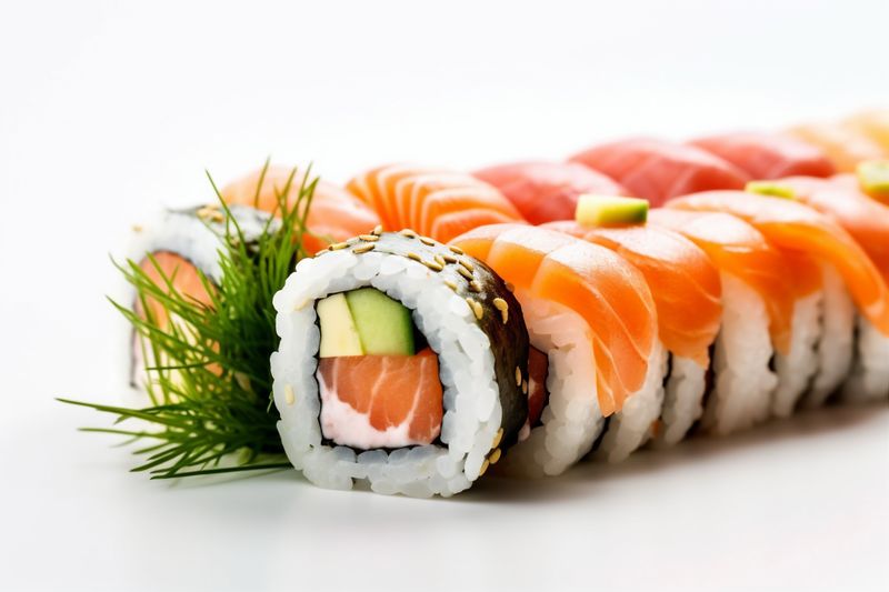 white set healthy sushi seafood food background japanese fish roll rice. Generative AI.