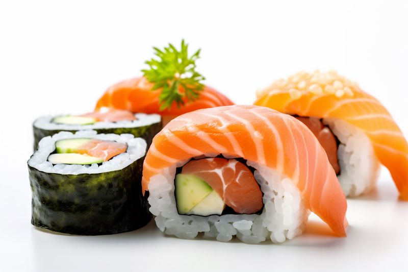 food roll healthy fish set background japanese sushi seafood rice white. Generative AI.