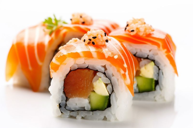 white background sushi healthy food seafood set roll fish japanese rice. Generative AI.