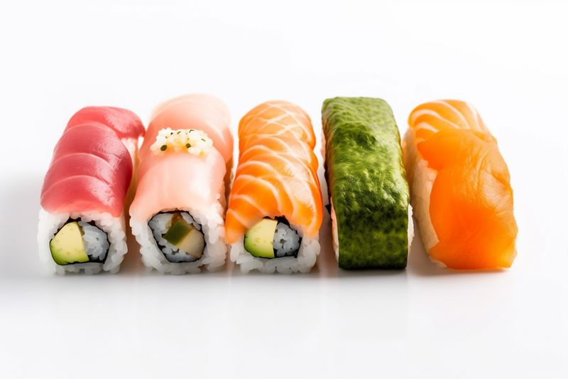 sushi white fish japanese set food seafood roll healthy rice background. Generative AI.