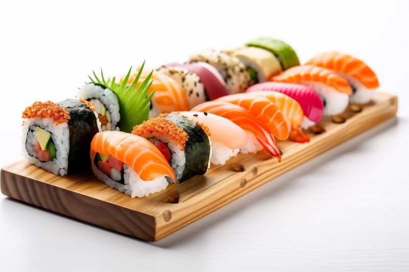 sushi japanese set food roll fish white rice healthy seafood background. Generative AI.