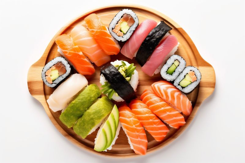 seafood background food white set rice japanese roll fish sushi healthy. Generative AI.