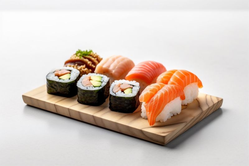 white japanese healthy background roll food seafood sushi fish rice set. Generative AI.