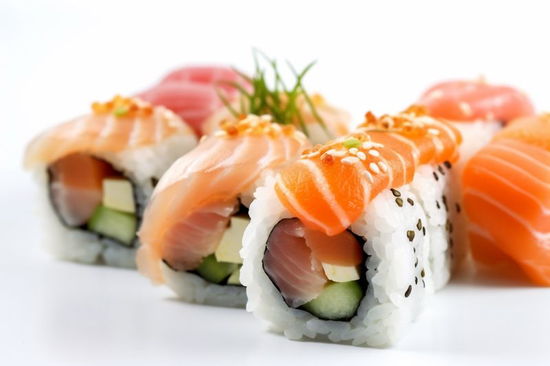 japanese roll background fish food set sushi seafood healthy rice white. Generative AI.