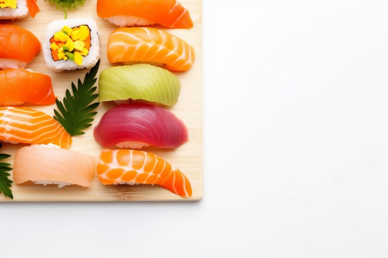 seafood food rice fish white background sushi roll set japanese healthy. Generative AI.