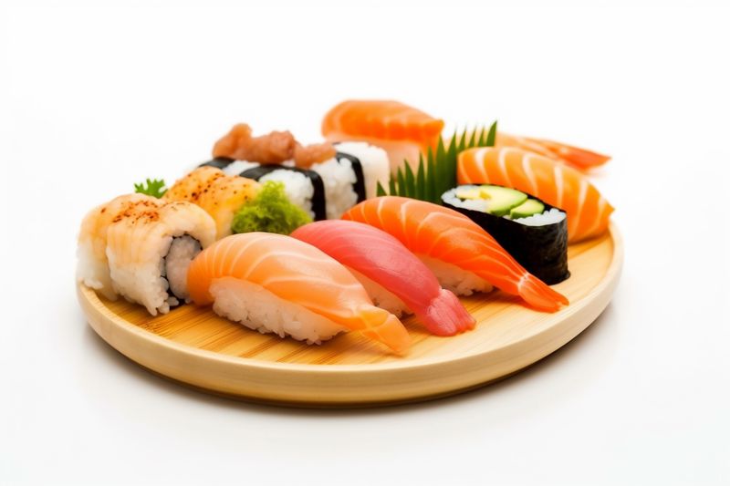 roll sushi fish background japanese white food seafood rice healthy set. Generative AI.