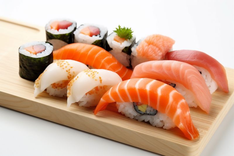 sushi set food seafood rice white roll japanese background healthy fish. Generative AI.
