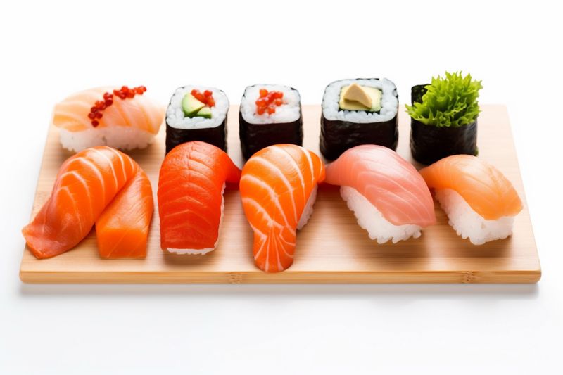 japanese rice seafood roll food sushi white fish set background healthy. Generative AI.
