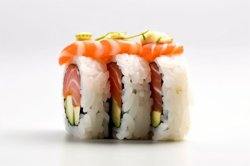 sushi set roll background rice japanese white healthy food fish seafood. Generative AI.