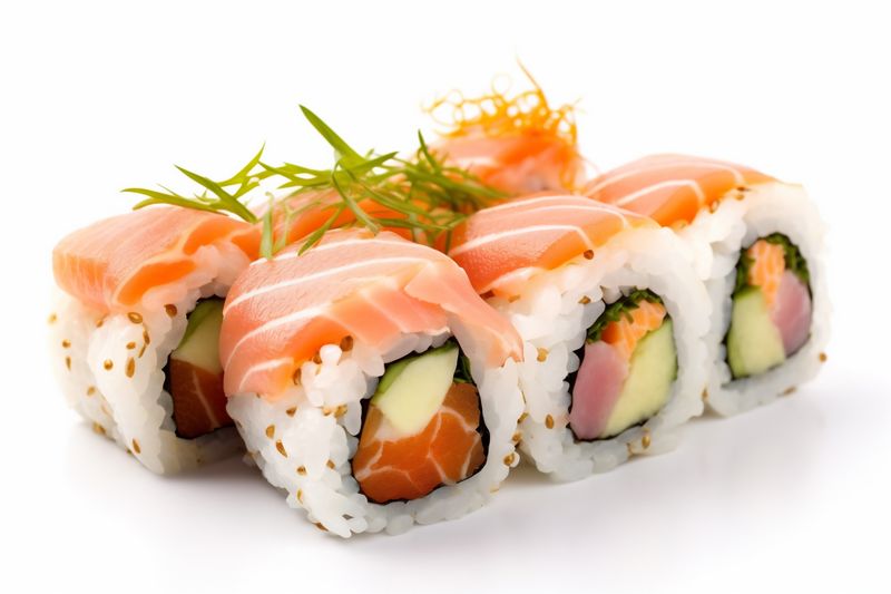 fish rice set japanese food seafood white background sushi healthy roll. Generative AI.