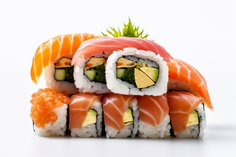 japanese background white roll rice healthy fish food seafood sushi set. Generative AI.