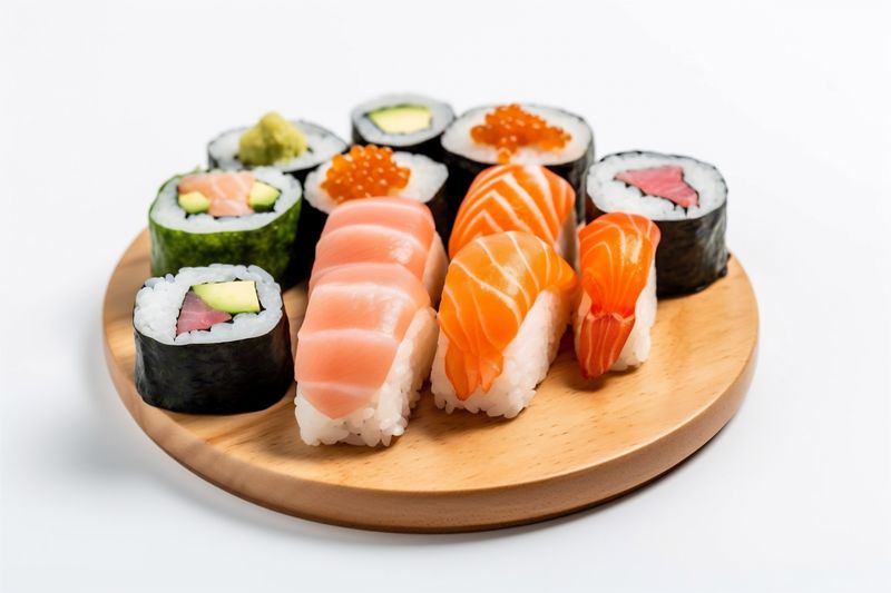 white sushi fish food set rice background seafood roll healthy japanese. Generative AI.