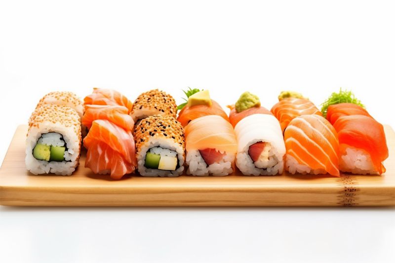 fish japanese food sushi background seafood roll healthy rice set white. Generative AI.