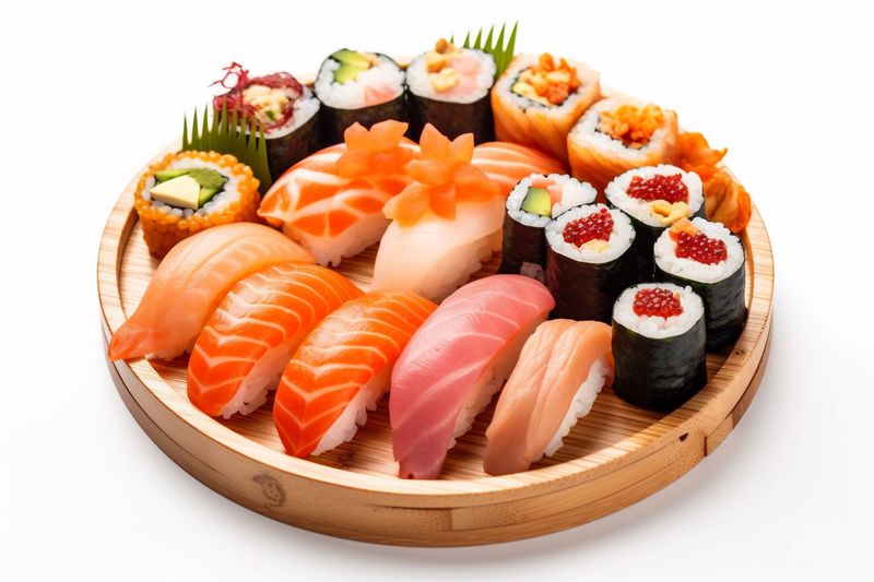 white rice seafood fish roll food japanese set healthy sushi background. Generative AI.