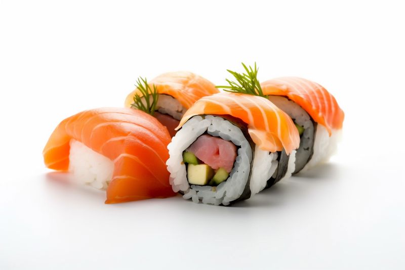 background rice seafood set sushi fish healthy roll food white japanese. Generative AI.