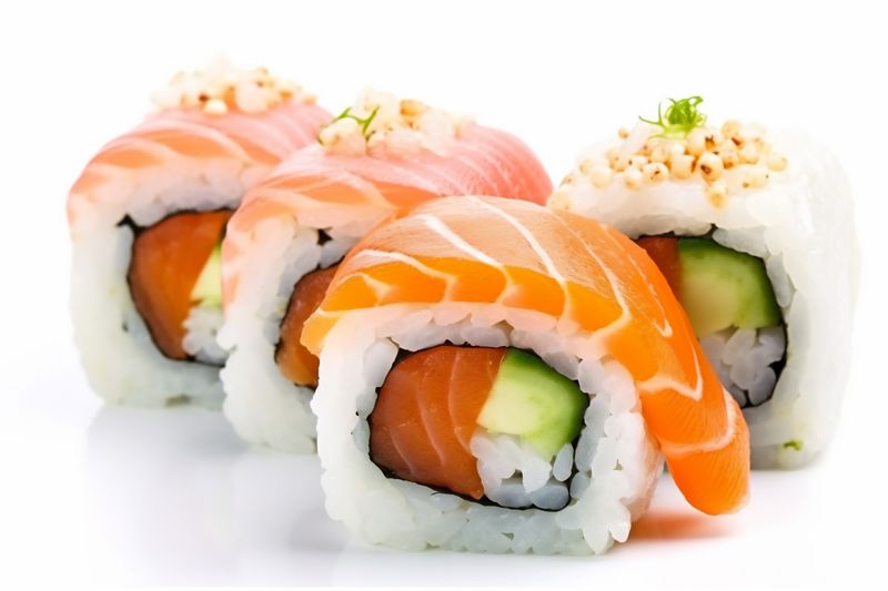 set roll food healthy white japanese background rice fish sushi seafood. Generative AI.