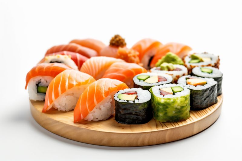 food rice white set japanese background fish seafood roll sushi healthy. Generative AI.
