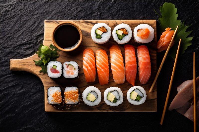 japanese fish food healthy roll background set sushi white rice seafood. Generative AI.