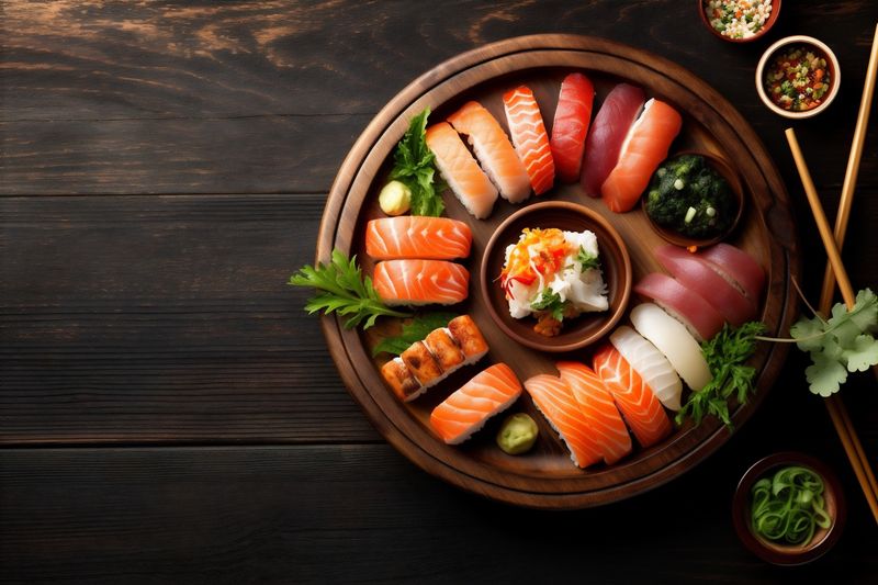 healthy seafood fish japanese fresh roll rice sushi food asian. Generative AI.