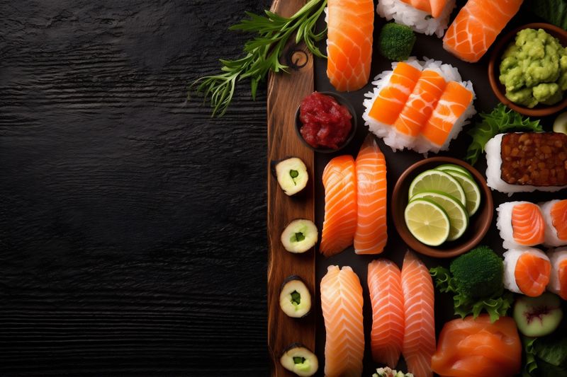 healthy asian fish rice food roll seafood japanese fresh sushi. Generative AI.