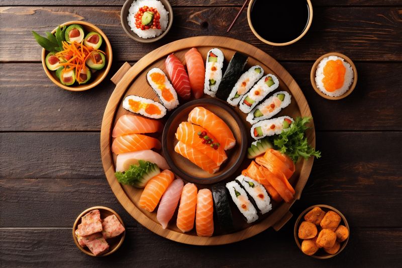 sushi food healthy japanese fish asian seafood roll fresh rice. Generative AI.