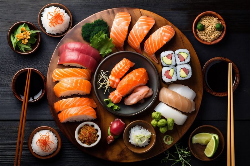 healthy food fresh roll seafood japanese rice asian fish sushi. Generative AI.