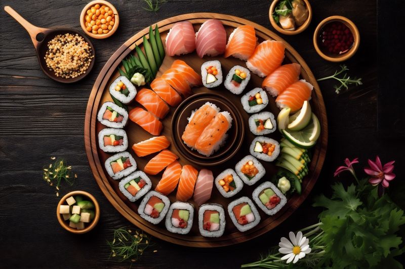 japanese roll healthy fresh asian food rice fish sushi seafood. Generative AI.