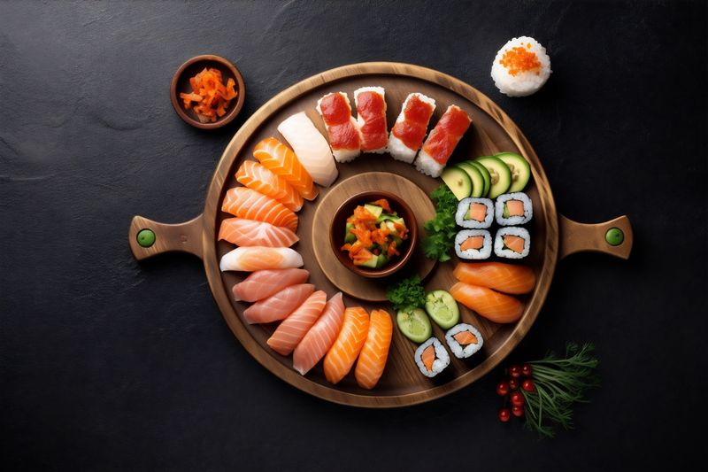 fish sushi asian food japanese seafood healthy rice fresh roll. Generative AI.